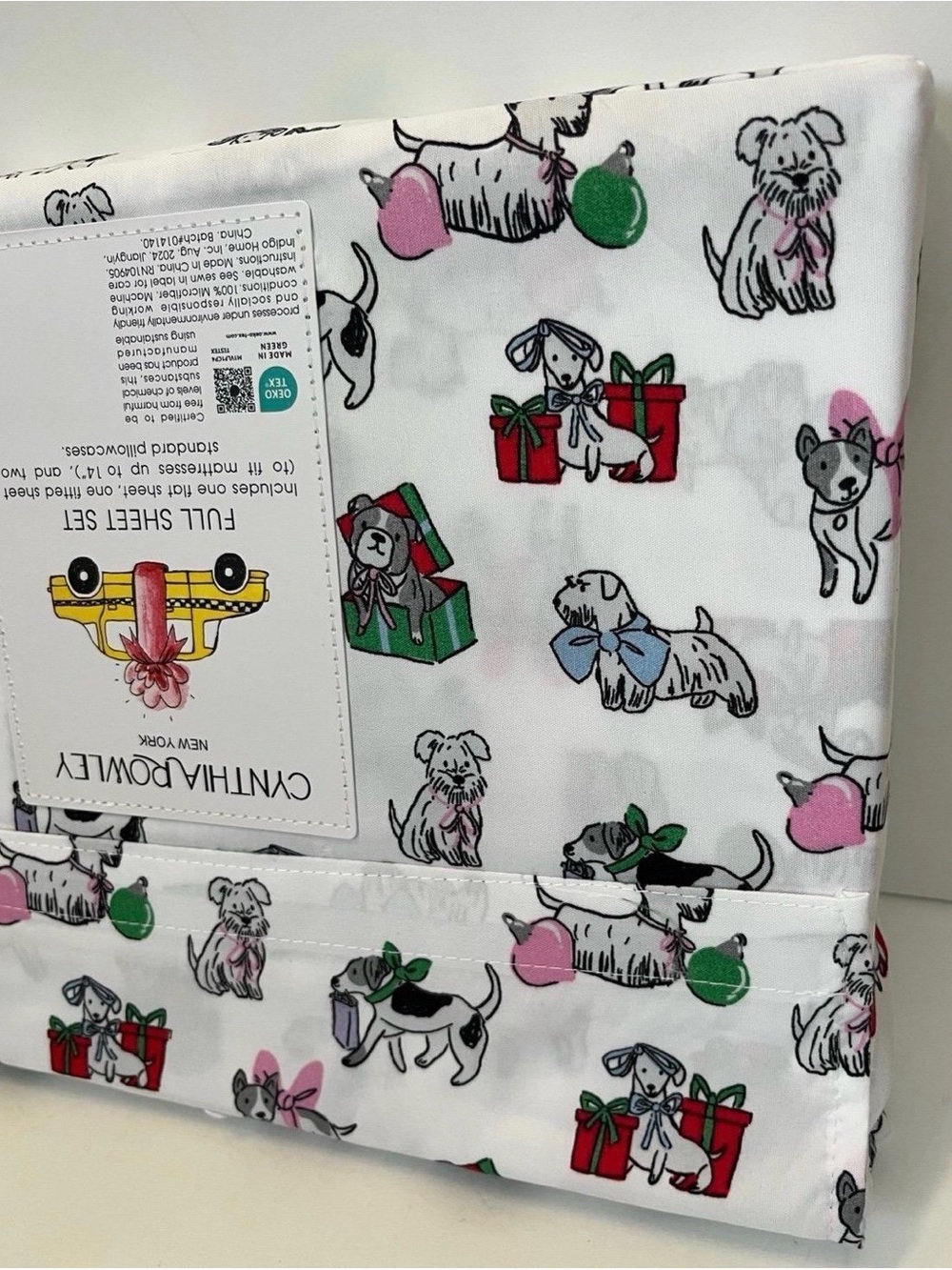 Cynthia Rowley Puppy Cheer Full Size Sheet Set Presents Bows Ornaments Gifts - Picture 11 of 11